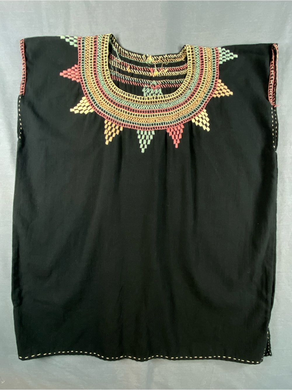 Womens Frida handmade embr Black Tunic Top with Multicolor Embroidered Yoke
